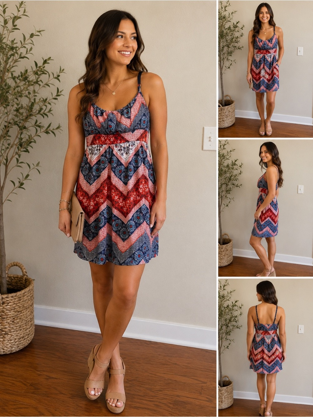 Allison Brittney Red Blue Geometric Print Sleeveless Dress Size M